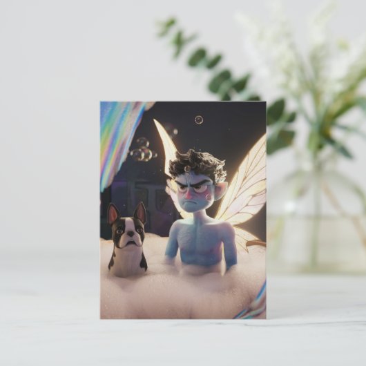Fairy en Boston Terrier geïrriteerd over badtijd Briefkaart (Staand voorkant)