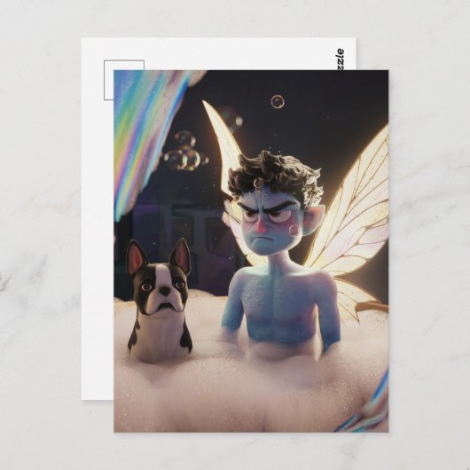 Fairy en Boston Terrier geïrriteerd over badtijd Briefkaart (Voorkant / Achterkant)