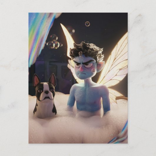 Fairy en Boston Terrier geïrriteerd over badtijd Briefkaart (Voorkant)