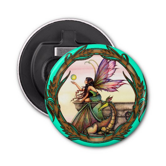 Fairy en Dragon Fantasy Art van Molly Harrison Button Flesopener (Voorkant)