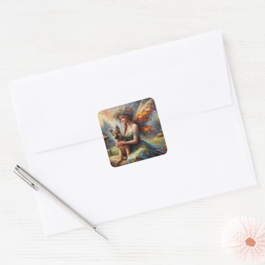 Fairy en Duitse herder puppy Vierkante Sticker (Envelop)