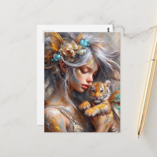 Fairy en haar Baby Tiger Fairy Briefkaart (Voorkant / Achterkant in situ)