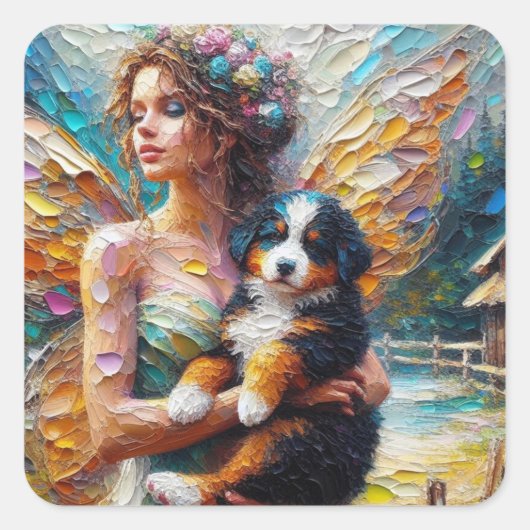 Fairy en haar Berner Sennenhond Puppy Vierkante Sticker (Voorkant)