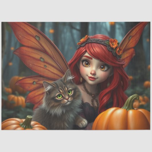 Fairy en haar kat, Halloween. Tissuepapier (Voorkant)