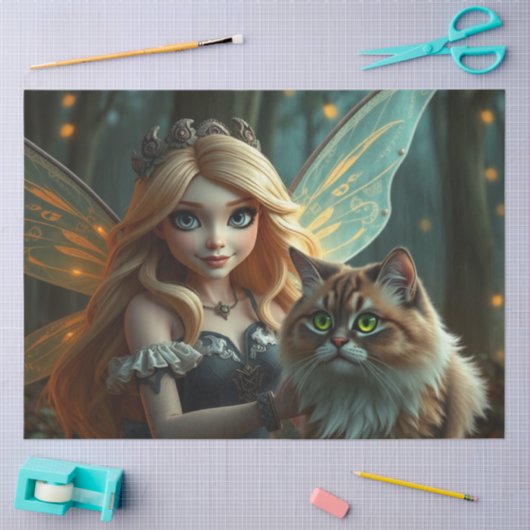 Fairy en haar kat, tissuepapier (Craft)