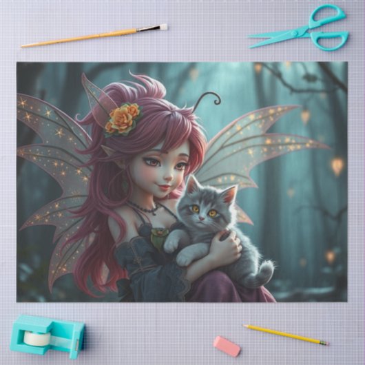 Fairy en haar kat, tissuepapier (Craft)