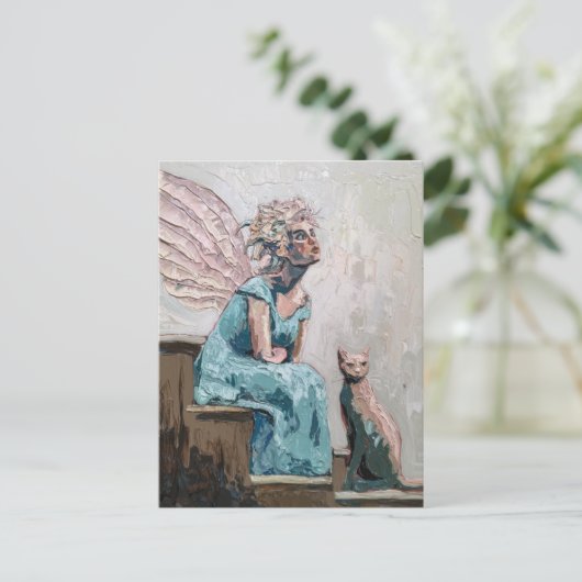 Fairy en haar kat zitten op de trappen briefkaart (Staand voorkant)