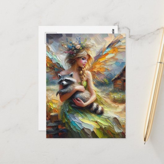 Fairy en haar Pet Raccoon Briefkaart (Voorkant / Achterkant in situ)
