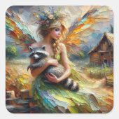 Fairy en haar Pet Raccoon Vierkante Sticker (Voorkant)