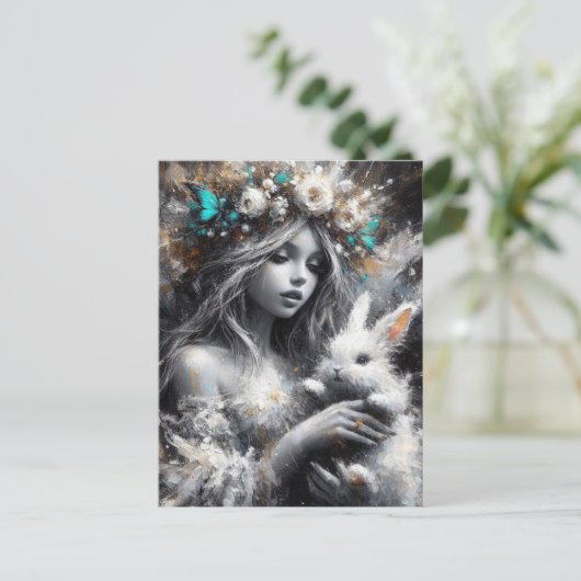 Fairy en haar Schattigee witte konijn Briefkaart (Staand voorkant)