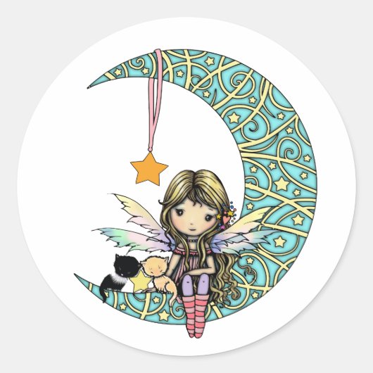 Fairy en Kittens op Fancy Moon Whimsical Fantasy Ronde Sticker (Voorkant)