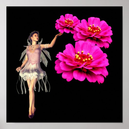 Fairy En Roze Zinnias Bloem Fantasy Kunst Poster (Voorkant)