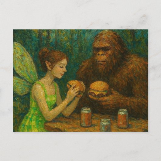 Fairy en Sasquatch eten cheeseburgers Briefkaart (Voorkant)