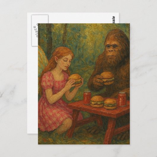 Fairy en Sasquatch eten cheeseburgers in het bos Briefkaart (Voorkant / Achterkant)