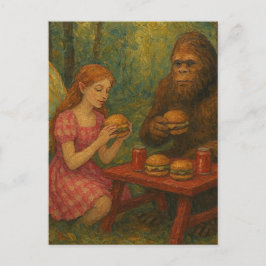 Fairy en Sasquatch eten cheeseburgers in het bos Briefkaart