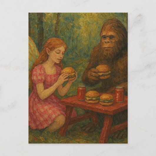 Fairy en Sasquatch eten cheeseburgers in het bos Briefkaart (Voorkant)