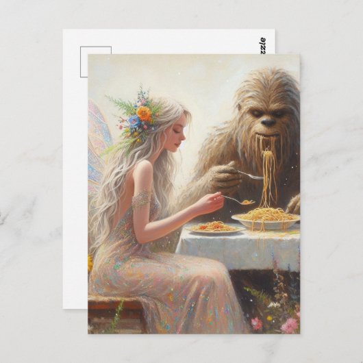 Fairy en Sasquatch eten spaghetti Briefkaart (Voorkant / Achterkant)