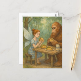 Fairy en Sasquatch eten taco's Fantasy Art Briefkaart