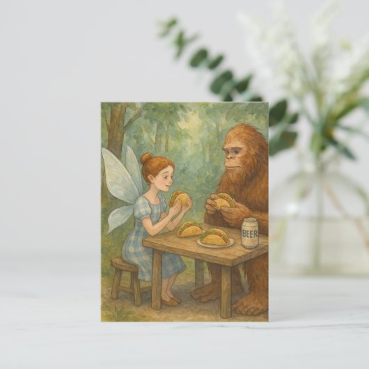 Fairy en Sasquatch eten taco's Fantasy Art Briefkaart (Staand voorkant)