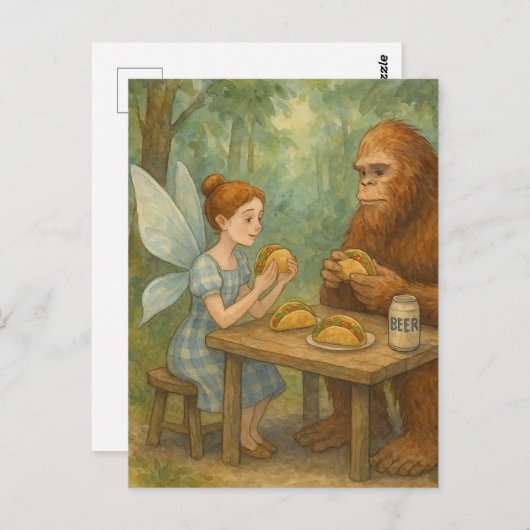 Fairy en Sasquatch eten taco's Fantasy Art Briefkaart (Voorkant / Achterkant)