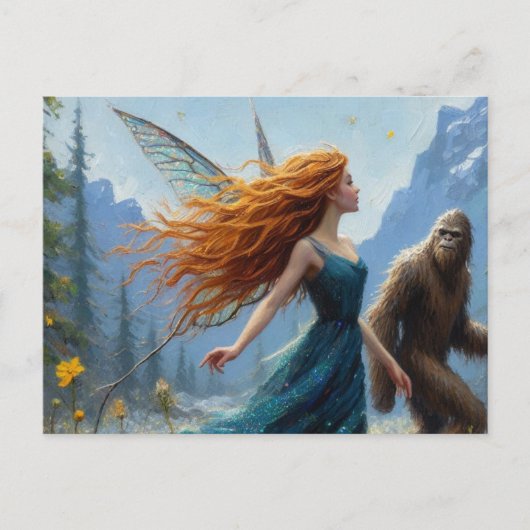 Fairy en Sasquatch op een wandeltocht in de wei Briefkaart (Voorkant)