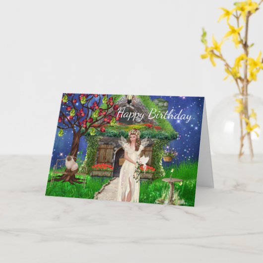Fairy en Siamese Cat Verjaardag Kaart (Gele Bloem)