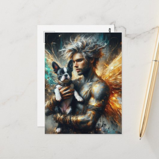 Fairy en zijn Boston Terrier Puppy Briefkaart (Voorkant / Achterkant in situ)