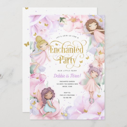 Fairy Enchanted Party, Garden Flower girl jarig Kaart (Voorkant / Achterkant)