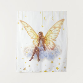 Fairy fantasy blonde meisje wolk zitten magisch wandkleed