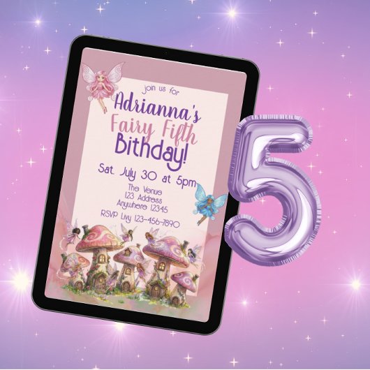 Fairy Fifth, Pink Purple 5th Birthday Kaart