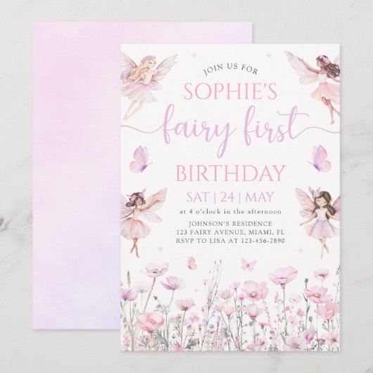 Fairy First 1st Birthday Party Invitation Kaart (Voorkant / Achterkant)