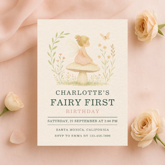 Fairy First 1st Mushroom Birthday Party Invitation Kaart
