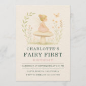 Fairy First 1st Mushroom Birthday Party Invitation Kaart (Voorkant)