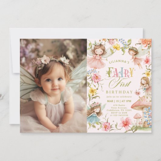 Fairy First Birthday Colorful Enchanted Photo Kaart (Voorkant)