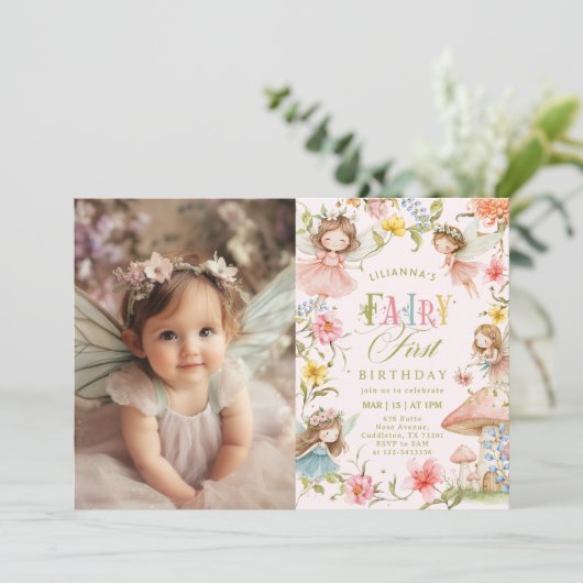Fairy First Birthday Colorful Enchanted Photo Kaart (Staand voorkant)