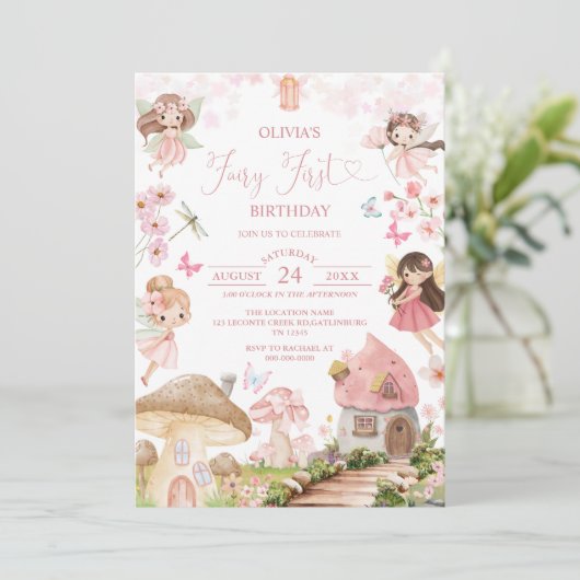 Fairy First Birthday Enchanted forest Invitation Kaart (Staand voorkant)