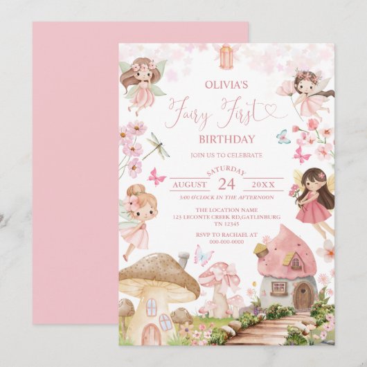 Fairy First Birthday Enchanted forest Invitation Kaart (Voorkant / Achterkant)