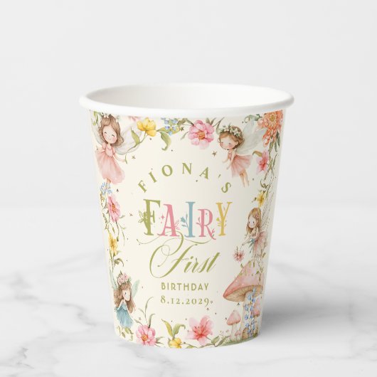 Fairy First Birthday Enchanted Garden Bright Papieren Bekers (Voorkant)