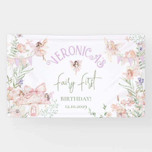 Fairy First Birthday Enchanted garden Whimsical Spandoek (Horizontaal)