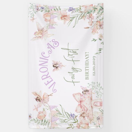Fairy First Birthday Enchanted garden Whimsical Spandoek (Verticaal)