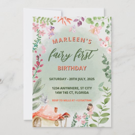 Fairy First Birthday Forest Waterverf paddenstoel Kaart (Voorkant)