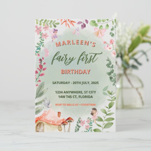 Fairy First Birthday Forest Waterverf paddenstoel Kaart (Staand voorkant)