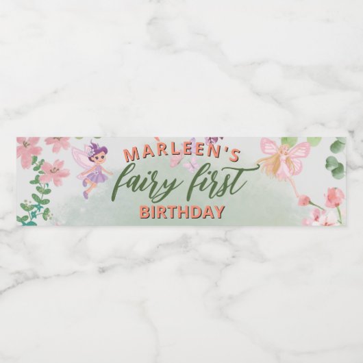 Fairy First Birthday Forest Waterverf paddenstoel Waterfles Etiket (Enkel label)