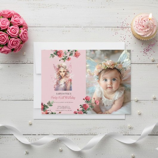 Fairy First Birthday Invitation | Dusty Pink Kaart