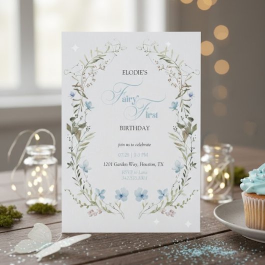 Fairy First Birthday Invitation | Elegant Blue  Kaart