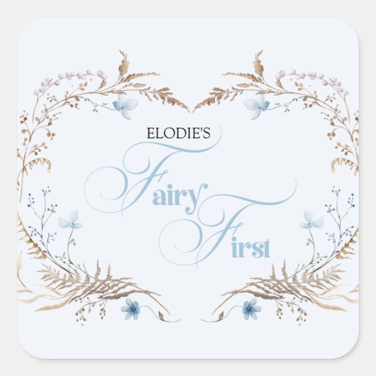 Fairy First Birthday Invitation | Elegant Blue  Vierkante Sticker (Voorkant)