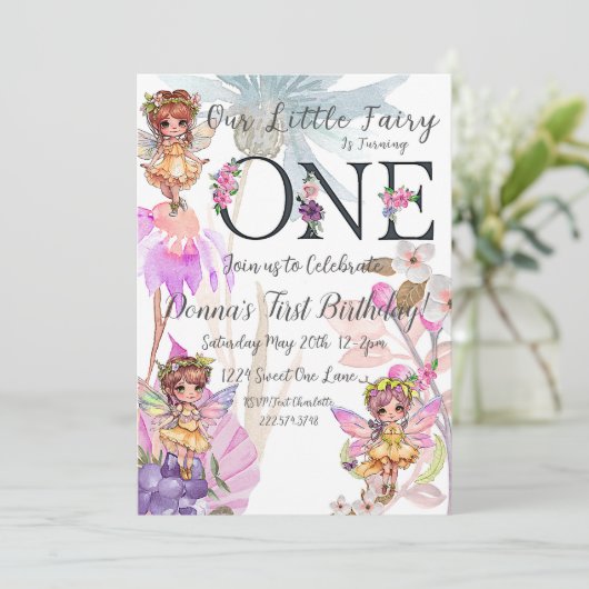Fairy First Birthday Invitation Kaart (Staand voorkant)