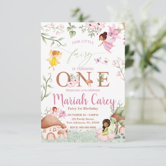 Fairy First Birthday Invitation Kaart (Staand voorkant)