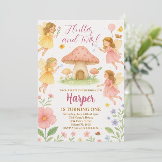 Fairy First Birthday Invitation Kaart (Staand voorkant)