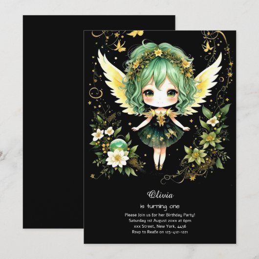 Fairy First Birthday Invitation Kaart (Voorkant / Achterkant)